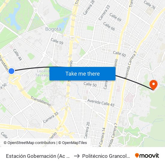 Estación Gobernación (Ac 26 - Kr 54) to Politécnico Grancolombiano map