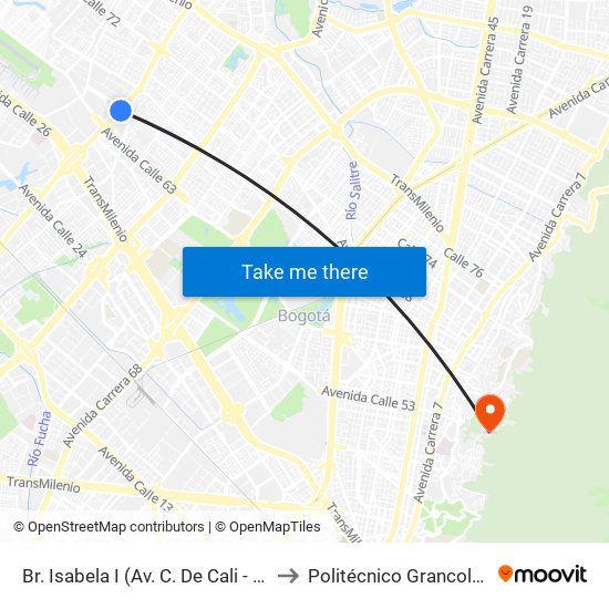 Br. Isabela I (Av. C. De Cali - Cl 64g Bis) to Politécnico Grancolombiano map