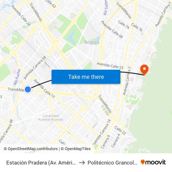 Estación Pradera (Av. Américas - Kr 65) to Politécnico Grancolombiano map