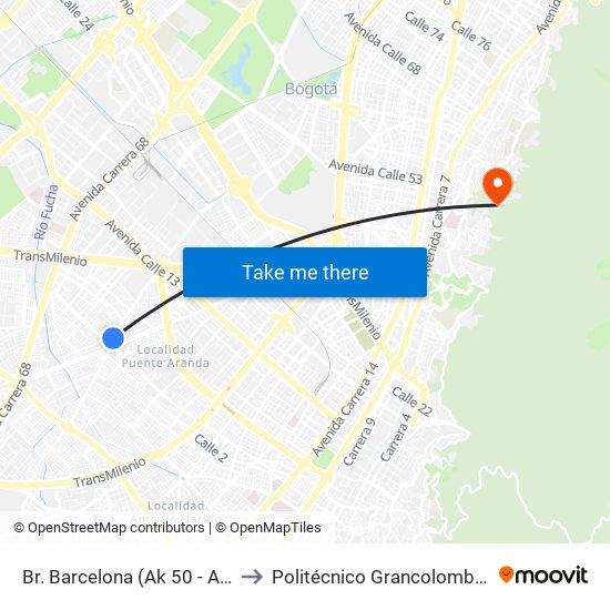 Br. Barcelona (Ak 50 - Ac 3) to Politécnico Grancolombiano map