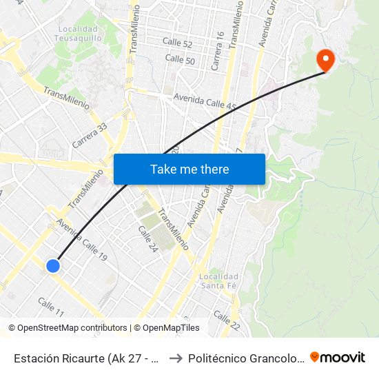 Estación Ricaurte (Ak 27 - Ac 13) (B) to Politécnico Grancolombiano map