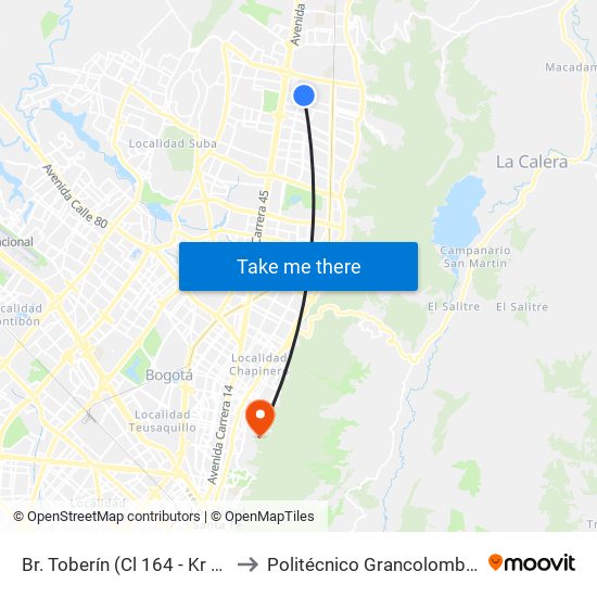 Br. Toberín (Cl 164 - Kr 16b) to Politécnico Grancolombiano map