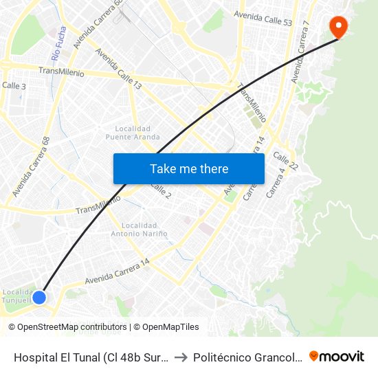 Hospital El Tunal (Cl 48b Sur - Kr 21) (B) to Politécnico Grancolombiano map