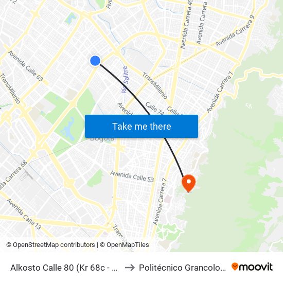 Alkosto Calle 80 (Kr 68c - Cl 73 Bis) to Politécnico Grancolombiano map