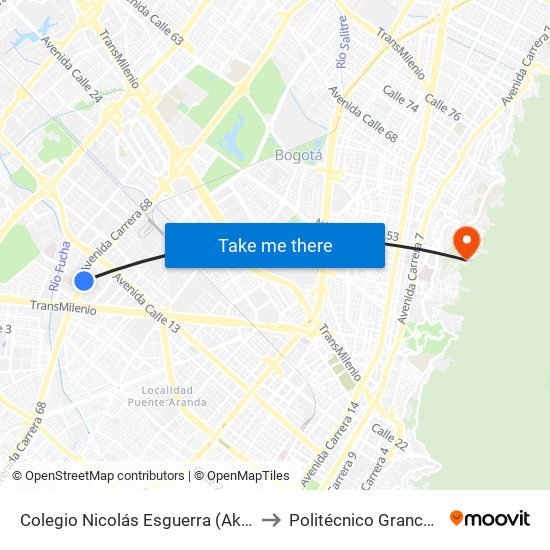 Colegio Nicolás Esguerra (Ak 68 - Cl 10) (A) to Politécnico Grancolombiano map