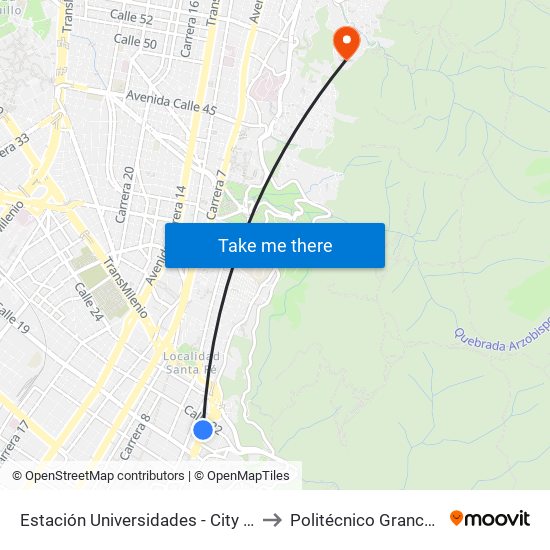 Estación Universidades - City U (Kr 3 - Cl 21) to Politécnico Grancolombiano map