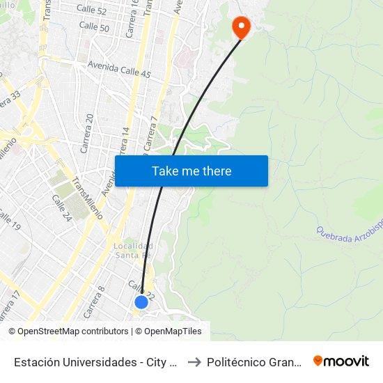 Estación Universidades - City U (Kr 3 - Cl 20) (B) to Politécnico Grancolombiano map
