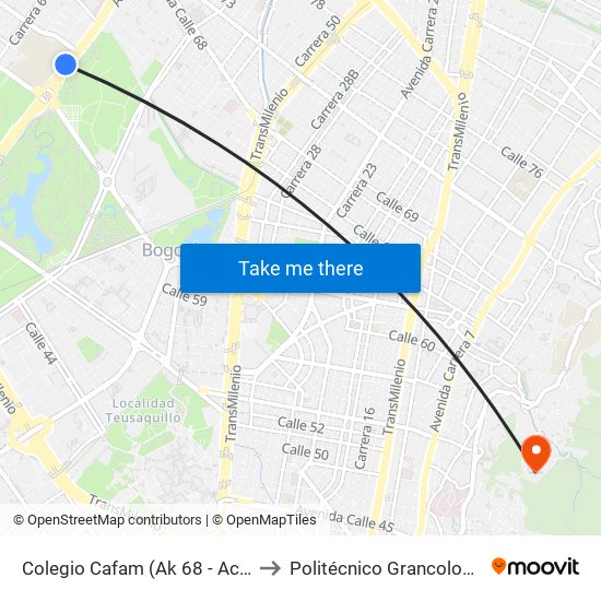 Colegio Cafam (Ak 68 - Ac 63) (A) to Politécnico Grancolombiano map