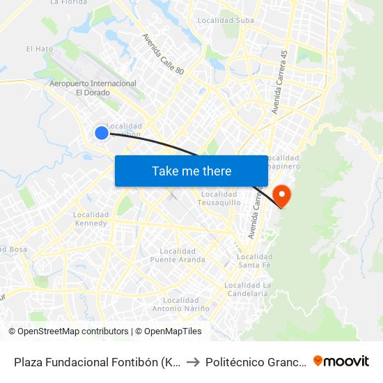 Plaza Fundacional Fontibón (Kr 99 - Cl 18a) (A) to Politécnico Grancolombiano map