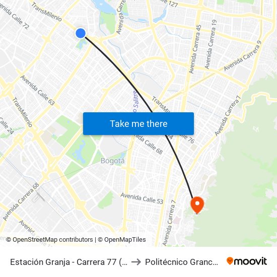 Estación Granja - Carrera 77 (Ac 80 - Kr 77) to Politécnico Grancolombiano map