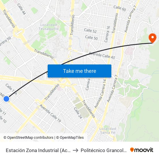 Estación Zona Industrial (Ac 13 - Kr 38) to Politécnico Grancolombiano map