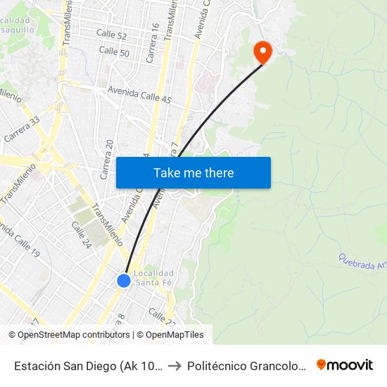 Estación San Diego (Ak 10 - Cl 23) to Politécnico Grancolombiano map