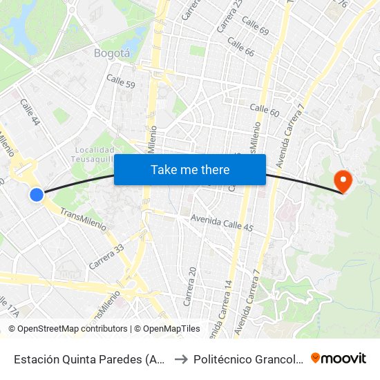 Estación Quinta Paredes (Ac 26 - Kr 45) to Politécnico Grancolombiano map