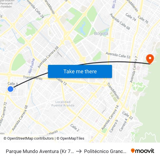 Parque Mundo Aventura (Kr 71d - Cl 1a Sur) to Politécnico Grancolombiano map