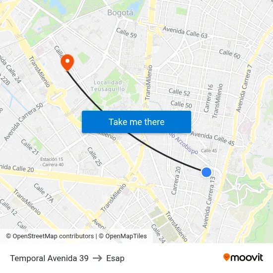 Temporal Avenida 39 to Esap map