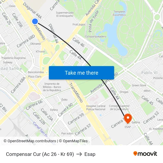 Compensar Cur (Ac 26 - Kr 69) to Esap map