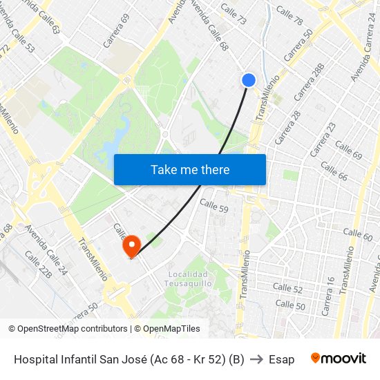 Hospital Infantil San José (Ac 68 - Kr 52) (B) to Esap map