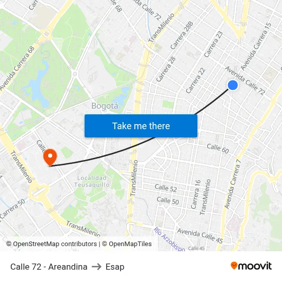 Calle 72 - Areandina to Esap map