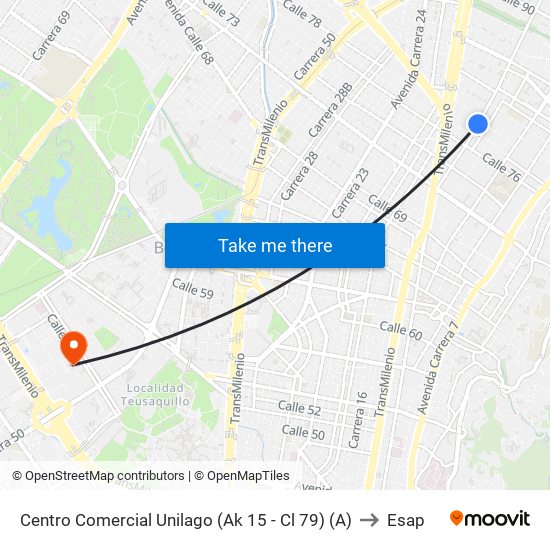 Centro Comercial Unilago (Ak 15 - Cl 79) (A) to Esap map