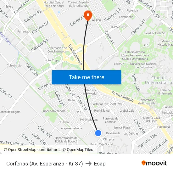 Corferias (Av. Esperanza - Kr 37) to Esap map