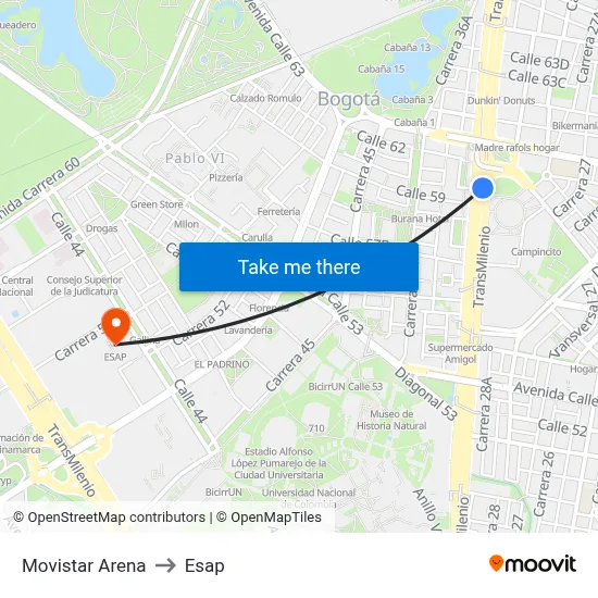 Movistar Arena to Esap map