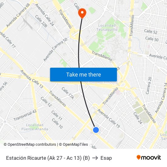 Estación Ricaurte (Ak 27 - Ac 13) (B) to Esap map