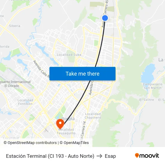 Estación Terminal (Cl 193 - Auto Norte) to Esap map