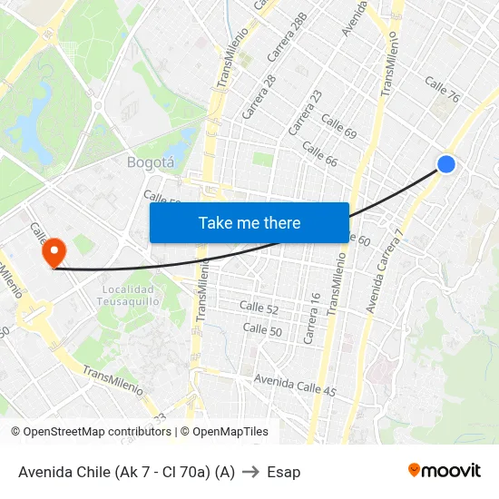 Avenida Chile (Ak 7 - Cl 70a) (A) to Esap map