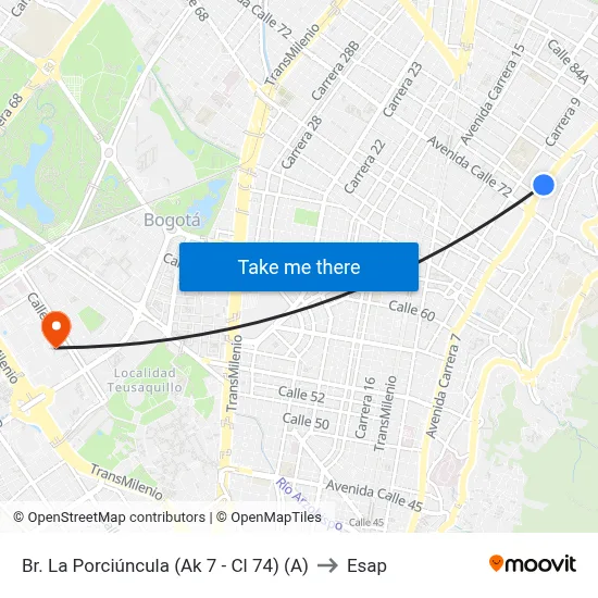 Br. La Porciúncula (Ak 7 - Cl 74) (A) to Esap map