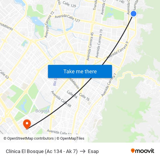 Clínica El Bosque (Ac 134 - Ak 7) to Esap map