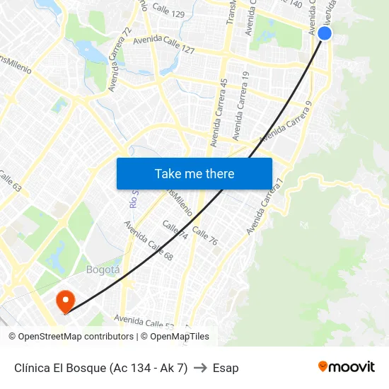 Clínica El Bosque (Ac 134 - Ak 7) to Esap map