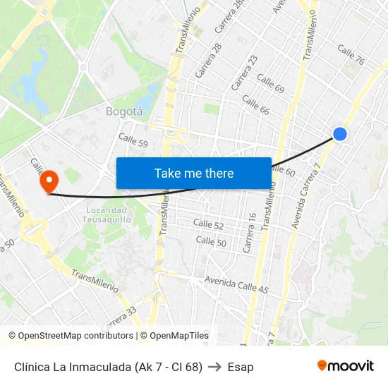 Clínica La Inmaculada (Ak 7 - Cl 68) to Esap map