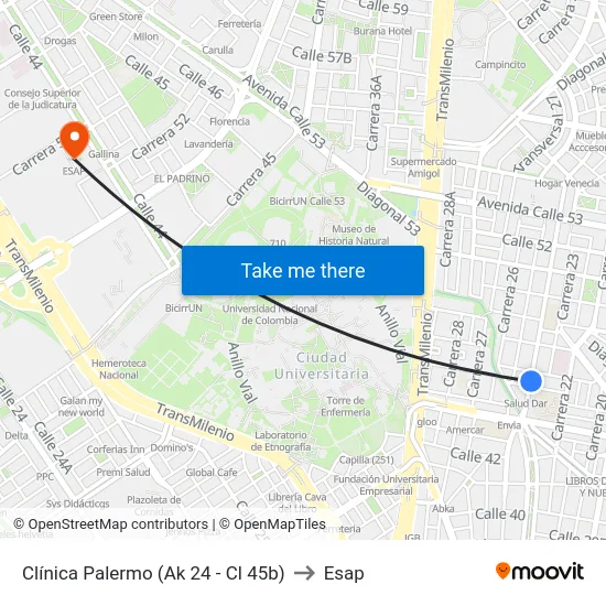 Clínica Palermo (Ak 24 - Cl 45b) to Esap map
