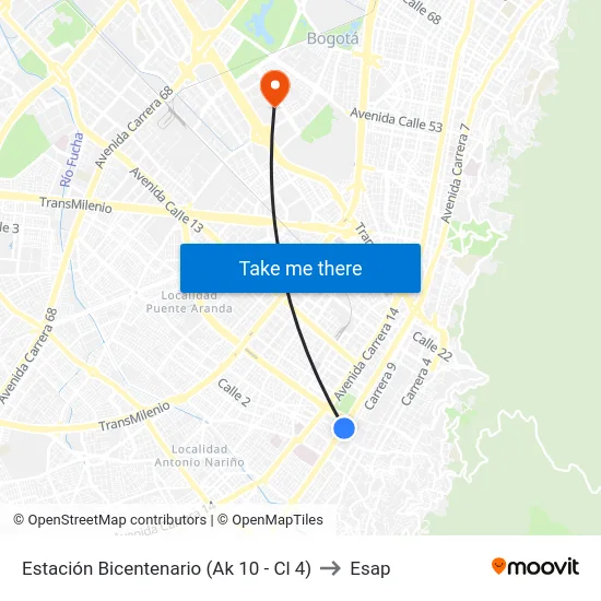 Estación Bicentenario (Ak 10 - Cl 4) to Esap map