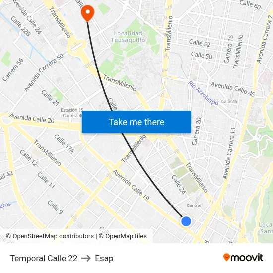 Temporal Calle 22 to Esap map