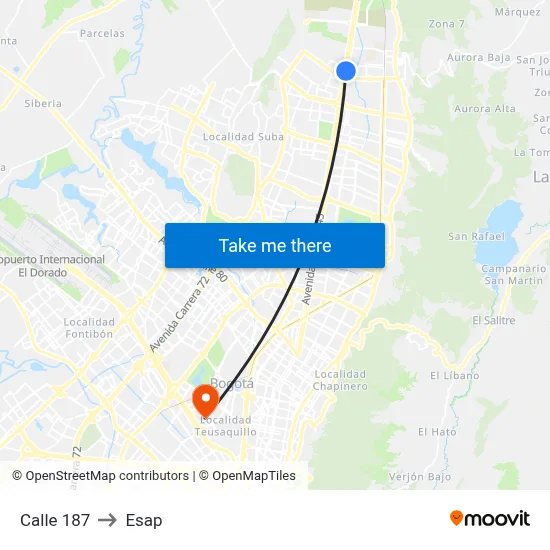Calle 187 to Esap map