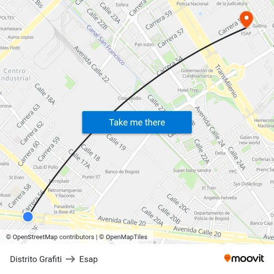 Distrito Grafiti to Esap map