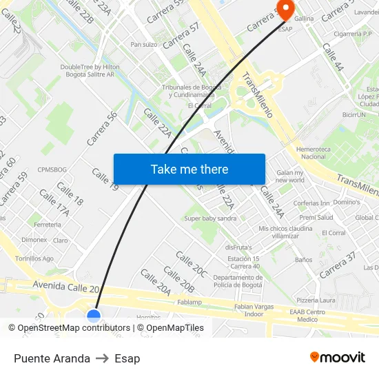 Puente Aranda to Esap map