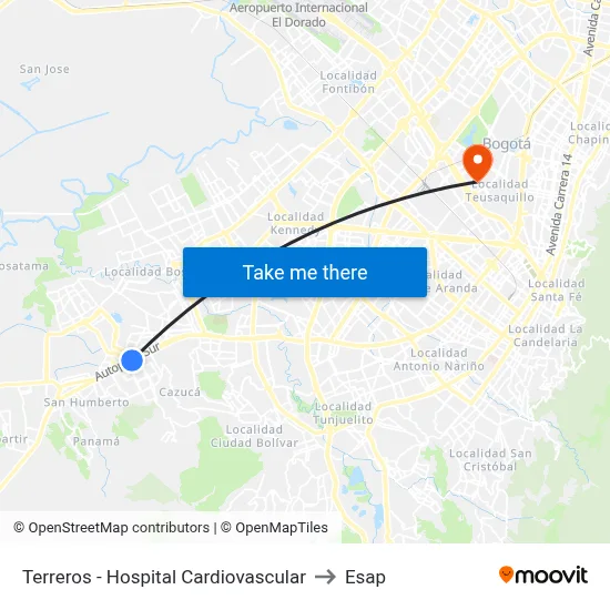 Terreros - Hospital Cardiovascular to Esap map