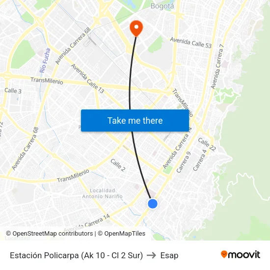 Estación Policarpa (Ak 10 - Cl 2 Sur) to Esap map