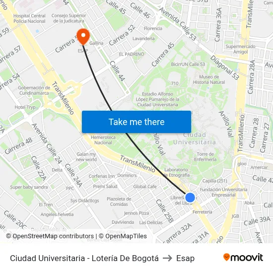 Ciudad Universitaria - Lotería De Bogotá to Esap map