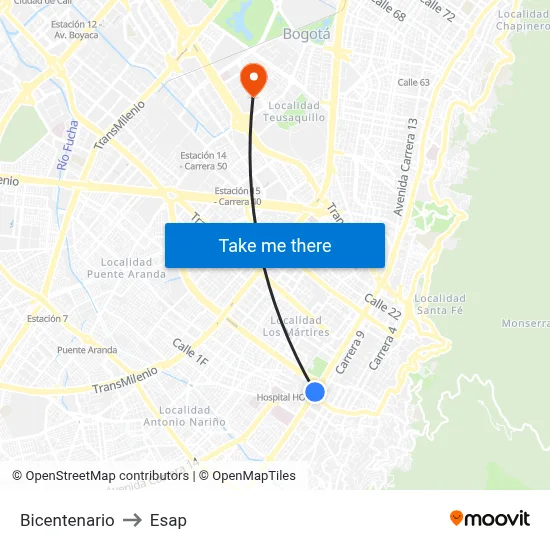 Bicentenario to Esap map