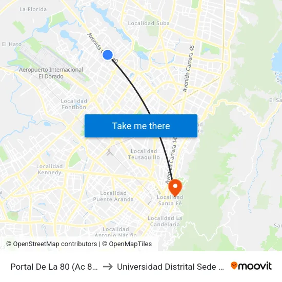 Portal De La 80 (Ac 80 - Tv 94l) to Universidad Distrital Sede Macarena B map