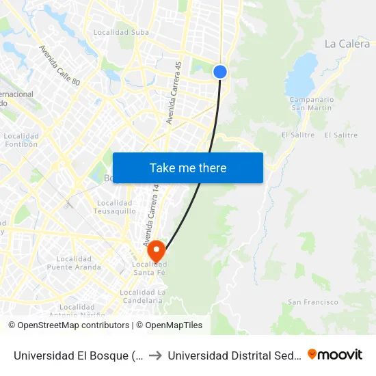 Universidad El Bosque (Ak 9 - Cl 129) to Universidad Distrital Sede Macarena B map
