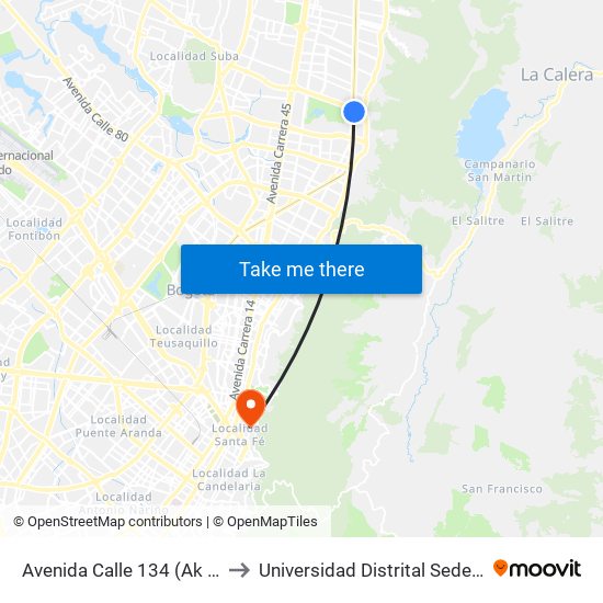 Avenida Calle 134 (Ak 9 - Ac 134) to Universidad Distrital Sede Macarena B map