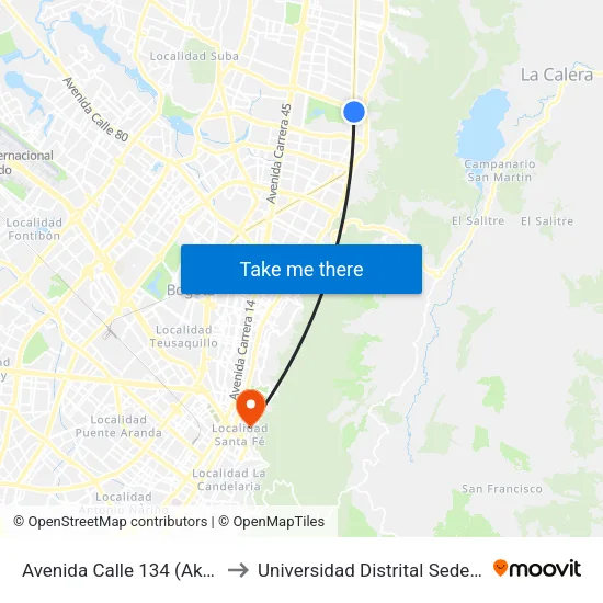 Avenida Calle 134 (Ak 9 - Ac 134) to Universidad Distrital Sede Macarena B map