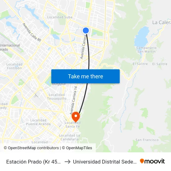 Estación Prado (Kr 45a - Cl 128b) to Universidad Distrital Sede Macarena B map