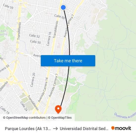 Parque Lourdes (Ak 13 - Cl 63a) (B) to Universidad Distrital Sede Macarena B map