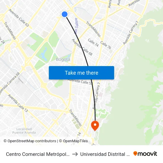 Centro Comercial Metrópolis (Ak 68 - Cl 75a) (C) to Universidad Distrital Sede Macarena B map