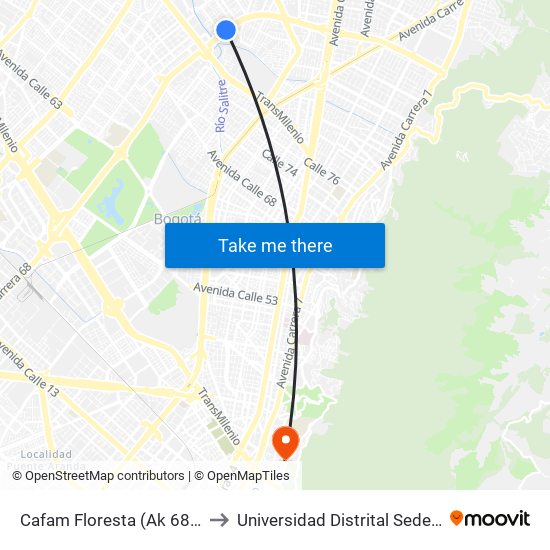 Cafam Floresta (Ak 68 - Cl 95) (C) to Universidad Distrital Sede Macarena B map